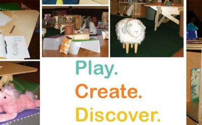Photos of books, plush toys and a child holding a toy and the words 'Play. Create. Discover.'