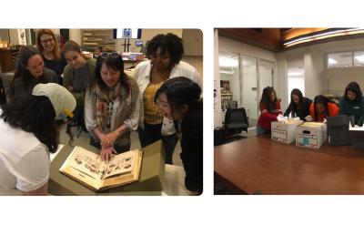 librarian shows archival item to students and students examine the archives themselves