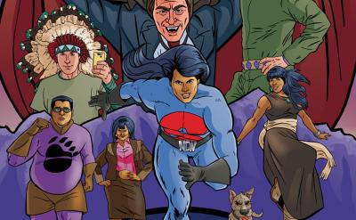 poster in comic book cover style with characters from the new Super Indian story