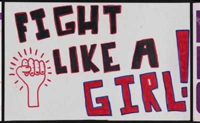 poster with upward fist and words fight like a girl