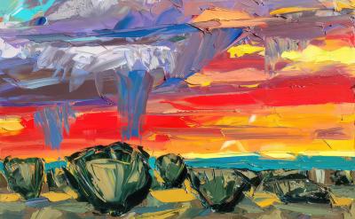 a quasi-abstract painting of palette knife drawn mountainscape