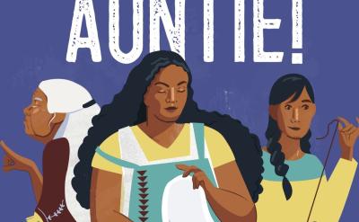 graphic of three woman cooking sewing, blue background