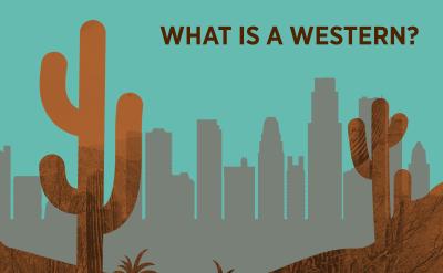 graphic of desert landscape with cactuses and big city buildings in the background