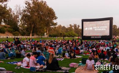 people enjoying picnic on lawn watching a movie on an outdoor screen