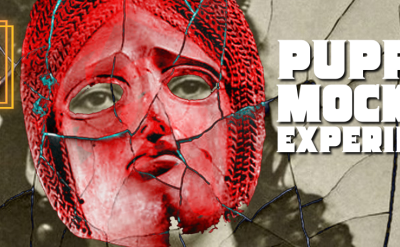 A heavily cracked puppet with a red face and large eyes is the focus of this image. The words "Puppet Mockup Experience" are prominently displayed on the right. On the left, a yellow box contains the text "Autry Museum After Hours." The background is a weathered, cracked surface.