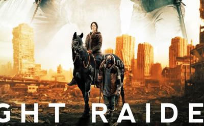 A dystopian cityscape appears in the background with crumbling buildings. In the foreground, a person rides a horse while another stands beside, both dressed in rugged clothing. The title "Night Raiders" is prominently displayed at the bottom in bold white letters.