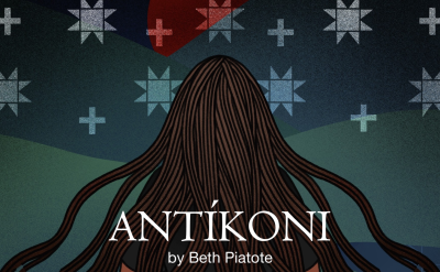 Illustrated book cover featuring a figure with long, dark hair facing away against a backdrop with geometric star patterns. The title "ANTÍKONI" and the author's name "Beth Piatote" are prominently displayed at the bottom.