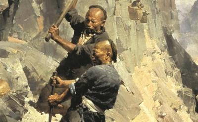 A painting depicting three men working on a mountainside with large wooden tools. They appear to be laborers engaged in construction or excavation. The background shows rugged, rocky terrain with a mixture of light and shadow.