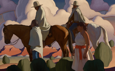 A painting depicting two individuals on horseback and two people walking beside them, all dressed in traditional clothing. The background features large, stylized clouds and a vibrant landscape with desert plants. The scene exudes a calm and serene atmosphere.