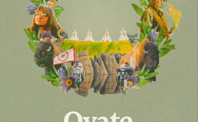 Poster for the film "Oyate Woyaka" (The People Speak) by Bryant HighHorse Jr. and George McAuliffe. The poster features a circular collage of images, including flowers, native peoples, and tipis, set against a muted green background with white text.