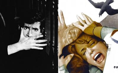 A split image: on the left, a black-and-white photo of a man holding his hand over his mouth, looking surprised; on the right, a color illustration of a woman covering her face with her hands, screaming as black birds attack her.