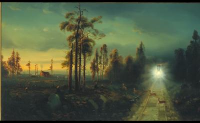 A painting depicts a steam locomotive emerging from a dark forest on a railroad track. In the foreground, several deer are seen near the tracks. On the left, the sky glows with the warm tones of a setting or rising sun, highlighting a cabin in the distance.