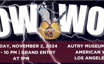 Poster for a Pow Wow event on Saturday, November 2, 2024, from 10 AM to 10 PM at the Autry Museum of the American West, Los Angeles, CA. Grand entry at 1 PM. A Native American dreamcatcher is depicted between bold "POW WOW" text.