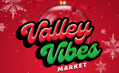 Festive flier for Valley Vibes Market at the Autry Museum on Saturday, December 7th, from 10 AM to 5 PM. Includes music, food, shopping, and more. Features QR code and social media handles on a red background with snowflakes.