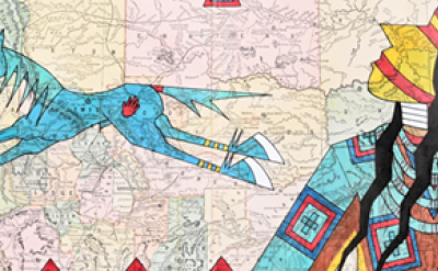 A colorful illustration features a stylized blue horse with a red heart galloping over a vintage map. To the right, a figure dressed in a vibrant, patterned outfit with a feathered headdress and long hair faces away. Red triangular patterns line the bottom.