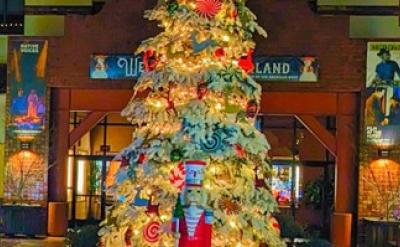 A festive outdoor scene with a large Christmas tree adorned with lights and ornaments in the center. Surrounding decorations include illuminated reindeer, snowmen, and other holiday figures. The setting appears to be a public area at night.