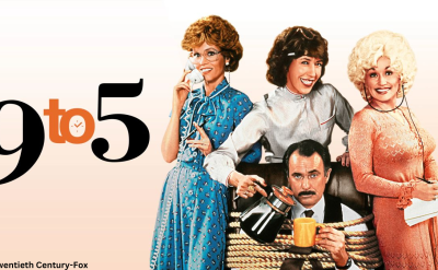 Four people pose next to the text "9 to 5." Three women stand smiling; one holds a phone, another has curly hair, and the third is in pink. A man is sitting in a chair with a phone cord wrapped around him.