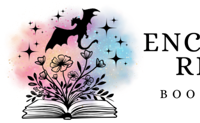 An open book with flowers and a flying dragon above, surrounded by stars on a colorful pastel background. Text on the right reads "Enchanted Realms Book Festival.