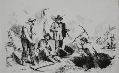 A group of four 19th-century gold prospectors, in rugged clothing and wide-brimmed hats, dig and sift through dirt with tools. Two men stand, one kneels, and another swings a pickaxe. Additional miners work in the background.
