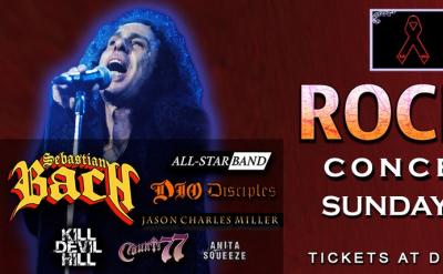Poster for "Rock for Ronnie" concert on May 18, 2025, featuring an image of a singer with long hair. Includes performers like Sebastian Bach, Dio Disciples, and more. Event benefits the Ronnie James Dio Stand Up and Shout Cancer Fund.