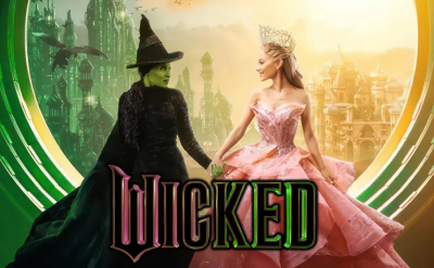 Two characters stand in front of a colorful cityscape. One wears a black hat and dress, and the other wears a pink gown and crown. The word "Wicked" is on the image. The background features a vibrant green and yellow sky.