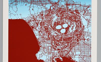 Abstract map of Los Angeles in red, blue, and white tones. The map features a detailed street grid pattern and is centered on Los Angeles. The map includes coordinates at the bottom with "LOS ANGELES" text in bold.