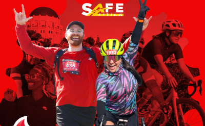 A smiling man with a race bib and a woman in cycling gear raise their arms in victory at an outdoor event. Event details and logos below promote running and cycling events at Griffith Park on May 31 and June 1, 2025.