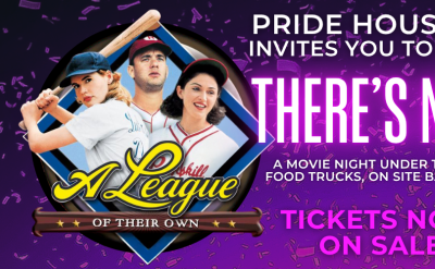 Event banner for “A League of Their Own” movie night at the Autry, hosted by Pride House LA/West Hollywood. Includes images of baseball players, rainbow colors, event date June 21, and details for Pride celebration activities.