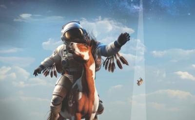 A poster for "Native Voices: REZ REPLAY, 15th Annual Short Play Festival: To Indigeneity and Beyond!" shows an astronaut riding a horse with a futuristic sky in the background.