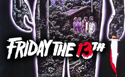 Poster for "Friday the 13th" showing four people in front of a cabin in the woods, framed by the outline of a figure holding a blood-stained knife; the movie title is prominently displayed across the front.
