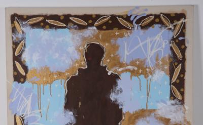 A painting features a dark silhouette of a standing figure in the center, surrounded by abstract clouds, gold accents, white markings, and a border with leaf-like patterns. The bottom has a black-and-white checkerboard design.