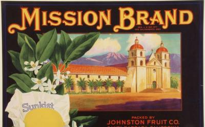 A vintage fruit crate label featuring "Mission Brand" in bold letters above an illustration of a Spanish mission, palm trees, mountains, and blossoms, with a Sunkist lemon in the foreground. Text reads "Johnston Fruit Co., Santa Barbara, California.
