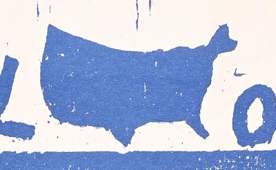 A rough, blue, stencil-like silhouette of the continental United States on a white background, with faded edges and a weathered, textured look.