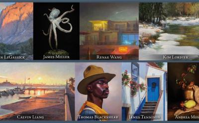 A collage of eight paintings by different artists, featuring landscapes, an octopus, a modern house at night, a winter river scene, a harbor sunset, a man in a hat, a flowered blue staircase, and a still life with fruit.