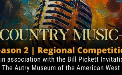 A vintage microphone with a colorful painted background and the text: “SOUL COUNTRY MUSIC-STAR Season 2 | Regional Competition. Presented in association with the Bill Pickett Invitational Rodeo, The Autry Museum of the American West.”.