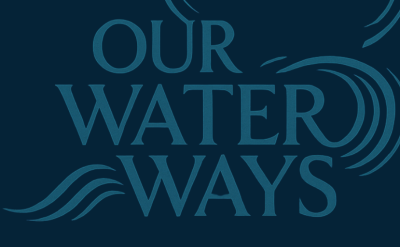Dark blue banner with “Our Water Ways” in large text and “A World Premiere Film Event Honoring Water, Land & Story” in yellow. Logos for Sacred Land, Climate Science Alliance, Weaving Earth, and Patagonia are also present.