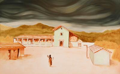 A person holding a bow stands in front of a historic mission-style building with mountains in the background and swirling dark clouds overhead. Warm earthy tones dominate the scene.