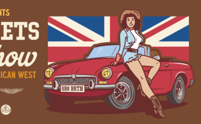 Banner for the "Boots & Bonnets British Car Show" with a woman sitting on a red convertible in front of a British flag, and classic car brand logos along the bottom. Text promotes a celebration of English cars.