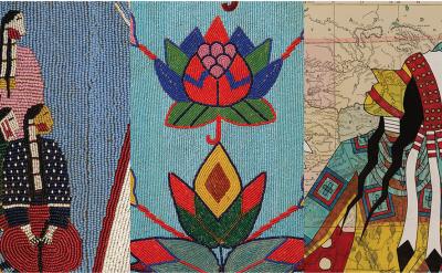 A triptych featuring Native American beadwork and art: left, two figures in traditional attire; center, a colorful floral beadwork design; right, a figure in regalia overlaid on a map.