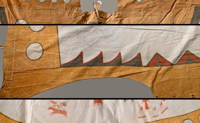 A tan and cream garment decorated with circular patterns, painted triangles, and small red animal and human figures. The image shows three close-up sections highlighting the intricate designs and shapes.