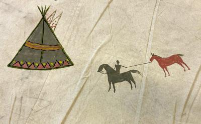 A drawing on textured paper shows a teepee, a person riding a black horse, and leading a red horse by a rope. The figures are simple and outlined in black with colored details.