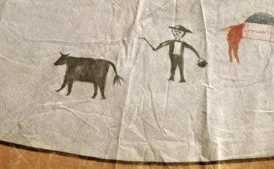 A simple drawing of a person in a hat holding a stick or rope, standing next to a black cow, with part of a reddish-brown animal to the right, all on a wrinkled, light-colored background.