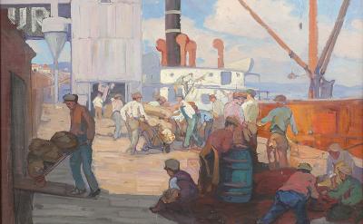 A busy dock scene with workers unloading sacks and barrels from a steamship. Men bend and lift cargo under a bright sky, with cranes and industrial buildings in the background.