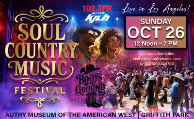 Colorful promotional poster for the Soul Country Music Festival, featuring smiling people in sunglasses and cowboy hats. Event details: Sunday, Oct 26, 12-7 PM, Autry Museum, Griffith Park, Los Angeles.