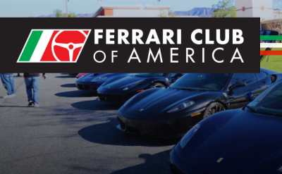 A row of black Ferrari sports cars parked outdoors with the Ferrari Club of America logo and name overlaid on the top left. Green grass, trees, and a building are visible in the background.