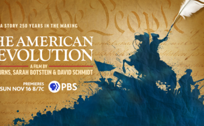 Poster for "The American Revolution," featuring a blue silhouette of a colonial soldier on horseback with a feathered hat, set against the US Constitution. Text includes film credits and PBS premiere info: Sun Nov 16, 8/7c.
