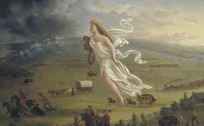 A large, ethereal woman in white floats above settlers, covered wagons, and trains moving westward across a landscape; Native Americans and animals retreat as she advances, symbolizing westward expansion.