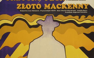 A stylized movie poster shows the silhouette of a cowboy against a vibrant yellow, purple, and orange abstract background with bold text reading "Gregory Peck Złoto Mackenny" at the top.