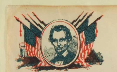 A vintage illustration shows a portrait of Abraham Lincoln framed by crossed American flags and rifles, with patriotic symbols in the background.