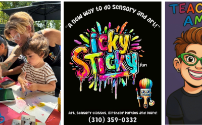 A collage: left, an adult helps young children with a painting craft outdoors; center, a colorful logo reads “Icky Sticky Fun” with contact info; right, a cartoon of “Teacher Amy” with glasses and short hair, smiling.
